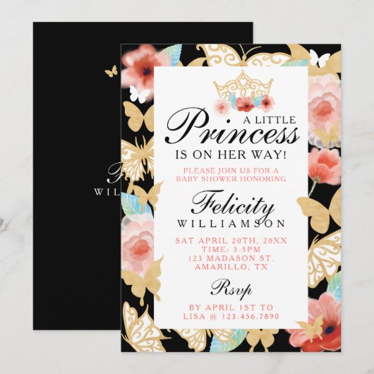 Invitation Papillon Royal Floral Couronne Black Gold Invitati (Devant / Derrière)