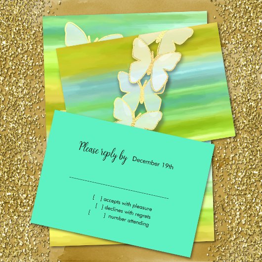 Invitation Papillon RSVP bleu vert jaune aquarelle