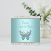 Invitation Papillon sarcelle damas fête Sweet 16 (Debout devant)