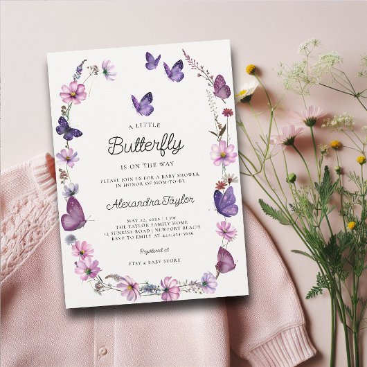 Invitation Papillon sauvage violet mauve rose bébé fille Douc