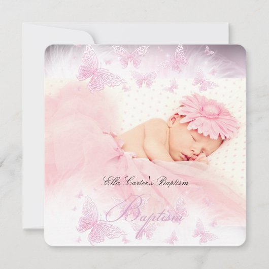 Invitation Papillon scintillant blanc rose Baptême (Devant)