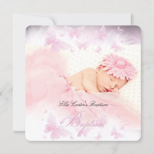 Invitation Papillon scintillant blanc rose Baptême