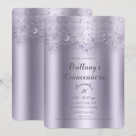 Invitation Papillon scintillant lilas Quinceañera (Devant / Derrière)
