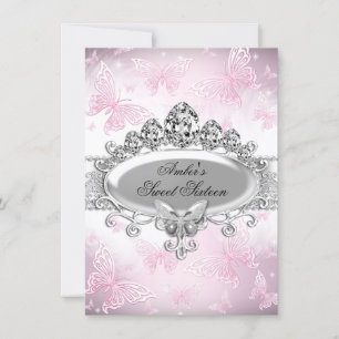 Invitation Papillon scintillant rose argent Sweet Sixteen