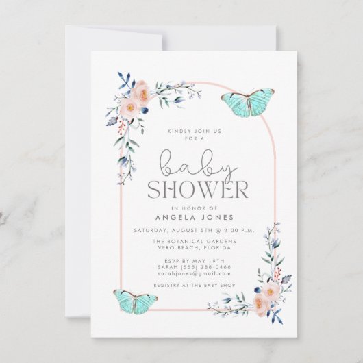 Invitation Papillon simple douce fille Baby shower (Devant)