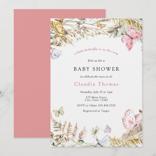 Invitation Papillon sur le chemin Baby shower de Bohême (Devant / Derrière)