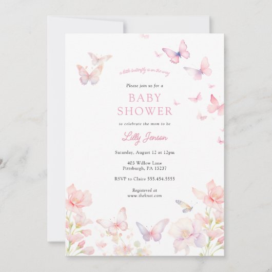 Invitation Papillon sur le chemin Baby shower rose (Devant)
