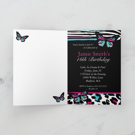 Invitation Papillon Sweet 16 Card, Leopard & Zebra Print (Intérieur)