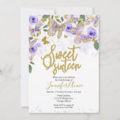 Invitation Papillon Sweet 16 Fleur Violet Or (Devant)