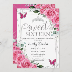 Invitation Papillon sweet sixteen rose Fuchsia Floral Argent