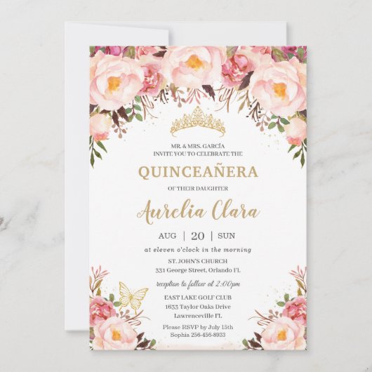 Invitation Papillon tiara quinceañera Flush doux (Devant)