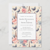 Invitation Papillon Tour Eiffel et Mariage Motif Rose (Devant)
