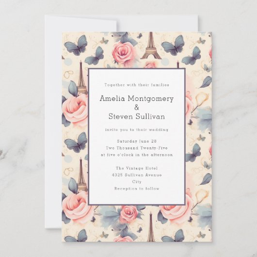 Invitation Papillon Tour Eiffel et Mariage Motif Rose (Devant)