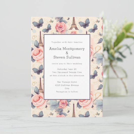 Invitation Papillon Tour Eiffel et Mariage Motif Rose (Debout devant)