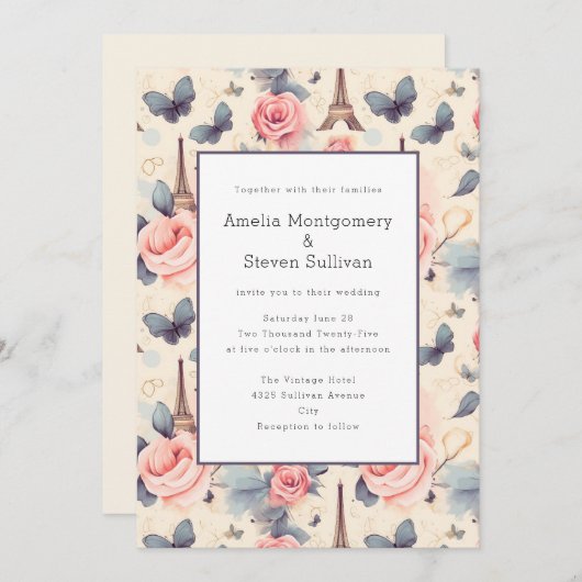 Invitation Papillon Tour Eiffel et Mariage Motif Rose (Devant / Derrière)