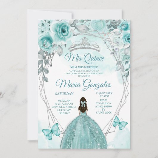 Invitation Papillon Turquoise Turquoise Aqual Mis Quince Anni (Devant)
