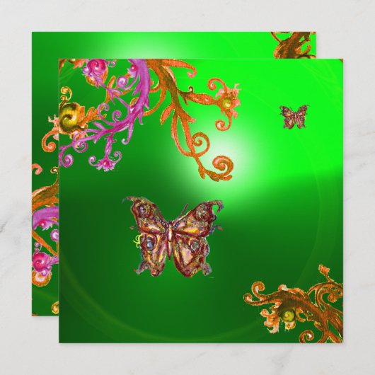 Invitation PAPILLON VERT ÉMERAUDE, rose vif jaune marron (Devant / Derrière)