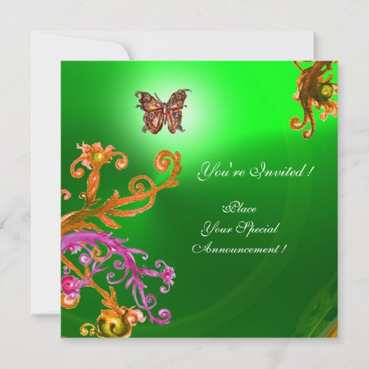 Invitation PAPILLON VERT ÉMERAUDE, rose vif jaune marron (Dos)