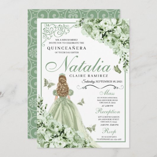 Invitation Papillon vert Floral Tiara Princesse Quinceanera (Devant / Derrière)