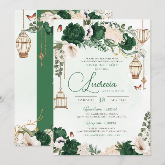 Invitation Papillon vert or Floral Elegant Quinceañera (Devant / Derrière)