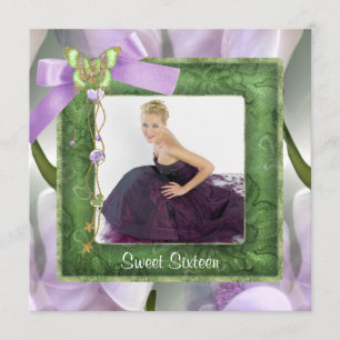 Invitation Papillon vert pourpre Photo Sweet 16 Party