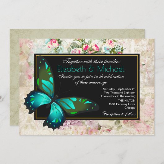 Invitation Papillon vert sur un Mariage Collage Vintage (Devant / Derrière)