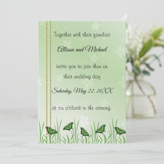 Invitation Papillon vert sur vert clair - mariage (Debout devant)