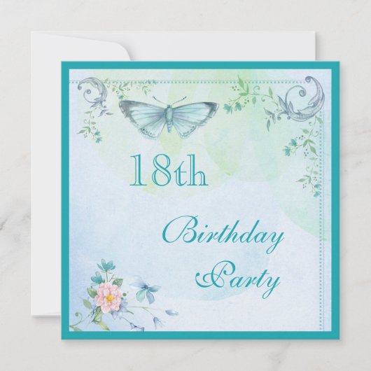 Invitation Papillon vintage, fleurs et anniversaire de remous (Devant)