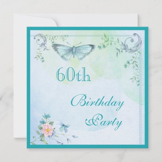Invitation Papillon Vintage, fleurs et perles 60e anniversair (Devant)