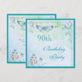 Invitation Papillon Vintage, fleurs et perles 90e anniversair (Devant / Derrière)
