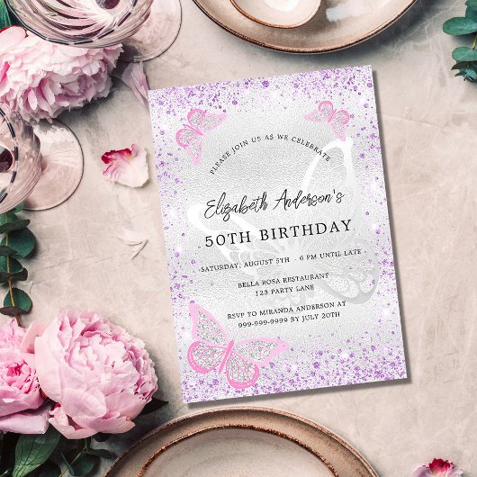 Invitation Papillon violet argent rose pour anniversaire avec