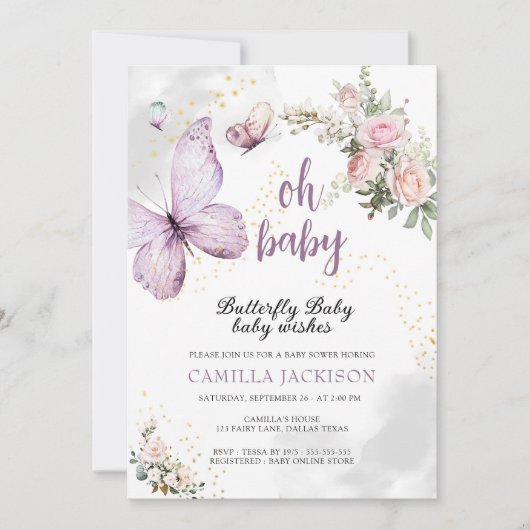 Invitation Papillon violet Baby shower rose floral Invitat (Devant)