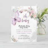 Invitation Papillon violet Baby shower rose floral Invitat (Debout devant)