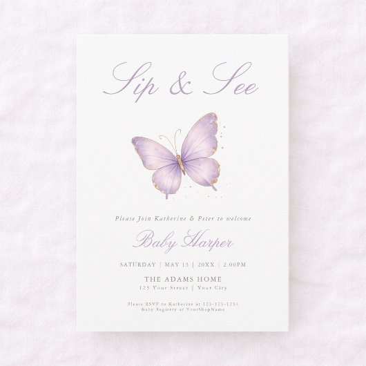 Invitation Papillon Violet Élégant Sip and See