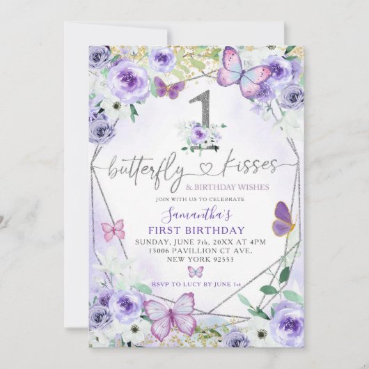 Invitation Papillon violet en argent Baisers fille premier an (Devant)