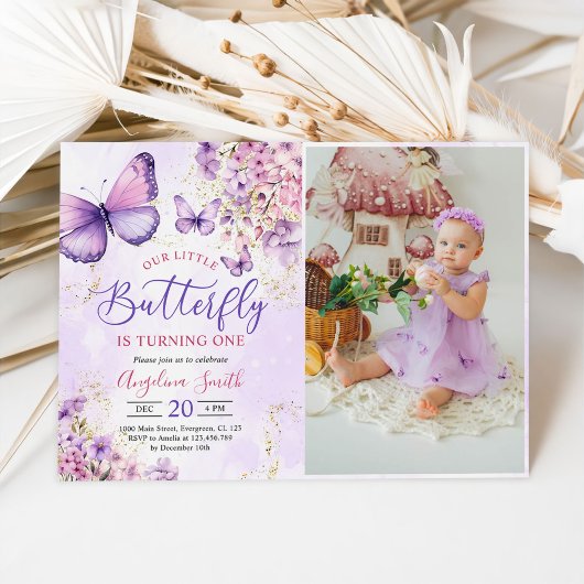 Invitation Papillon violet et or 1er anniversaire Photo