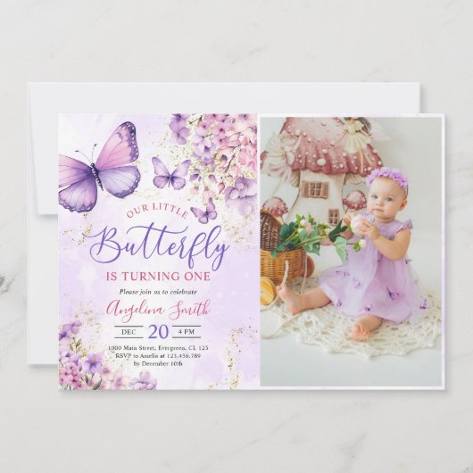 Invitation Papillon violet et or 1er anniversaire Photo (Devant)
