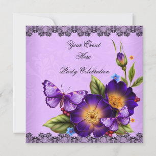 Invitation Papillon Violet Fleur de Dentelle Noire Fête de Ma