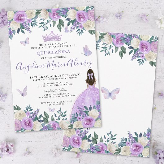Invitation Papillon Violet Fleur Quinceañera