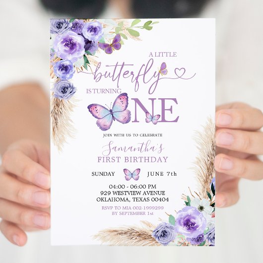 Invitation Papillon violet minimaliste Premier anniversaire