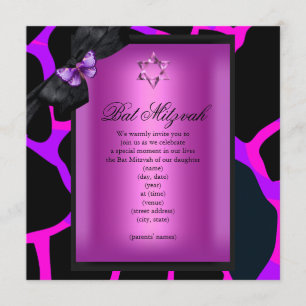 Invitation Papillon violet rose bat mitzvah