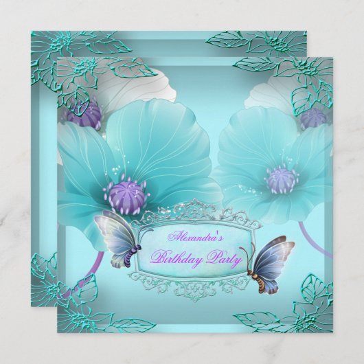 Invitation Papillon violet turquoise Fête d'anniversaire Femm (Devant / Derrière)