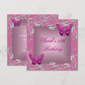 Invitation Papillons 15e anniversaire fête Fleur rose argent (Devant / Derrière)