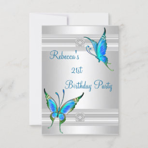 Invitation Papillons 21e fête d'anniversaire Blanc Argent Tur