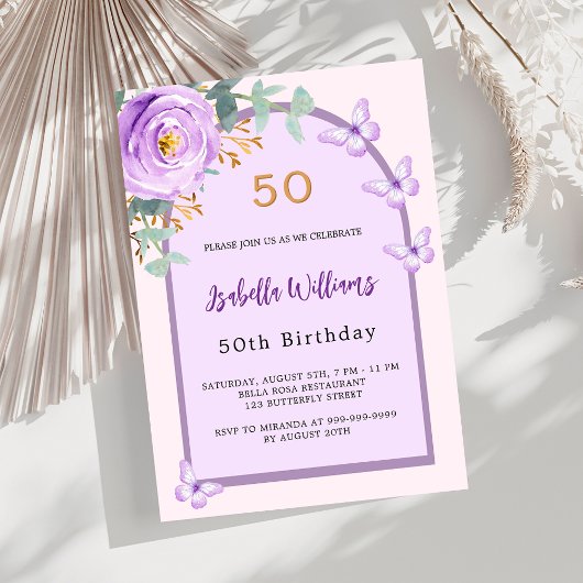 Invitation Papillons à arc rose rose violet Anniversaire
