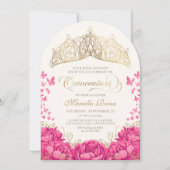 Invitation Papillons à couronne rose chaud Élégante Quinceane (Devant)