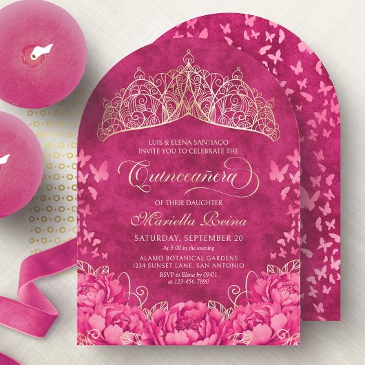 Invitation Papillons à couronne rose chaud Élégante Quinceane