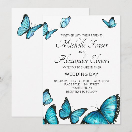 Invitation Papillons à l'aquarelle bleu tendance. Mariage (Devant / Derrière)