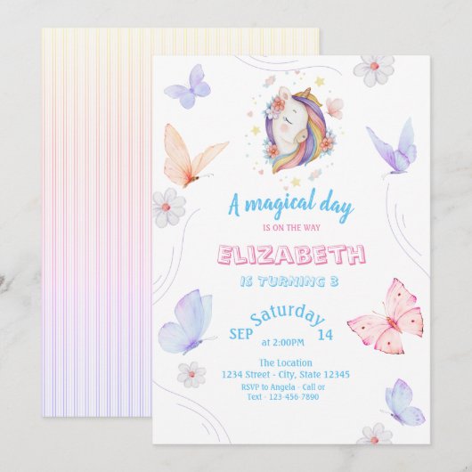 Invitation Papillons à licorne magique rayé Anniversaire (Devant / Derrière)