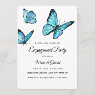 Invitation Papillons aquarelle bleue élégante pour fiançaille